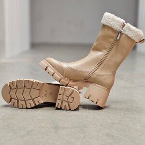 Chunky Nude Faux Leather Winter Boots With Faux Fur Lining & Block Heel